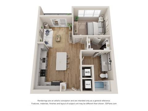 Floor plan for 1 bed, 1 bath, 724 sqft